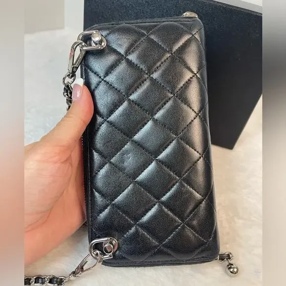 CHANEL CC QUILTED LAMBSKIN ZIP AROUND WALLET ON A CHAIN. Box & COA Included